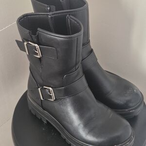 Women's Black Moto Boots with Buckle Detail